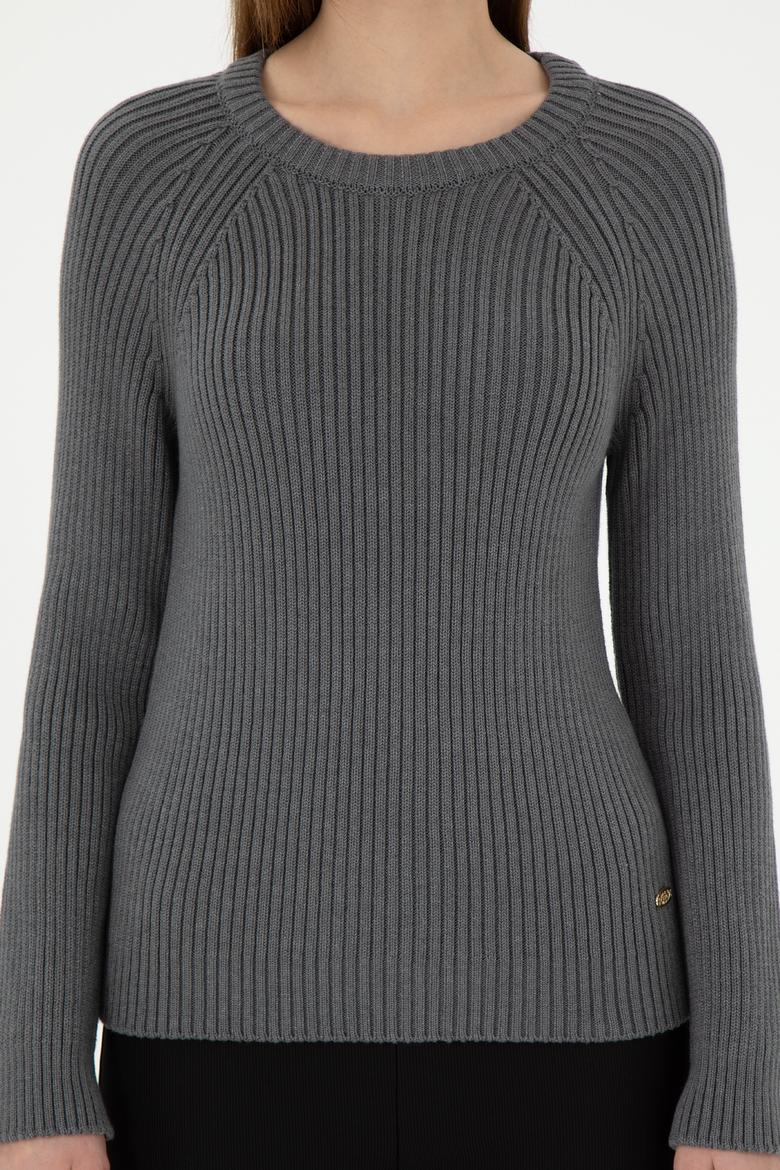 Kadın Gri Melanj Bisiklet Yaka Kazak - 50297095045