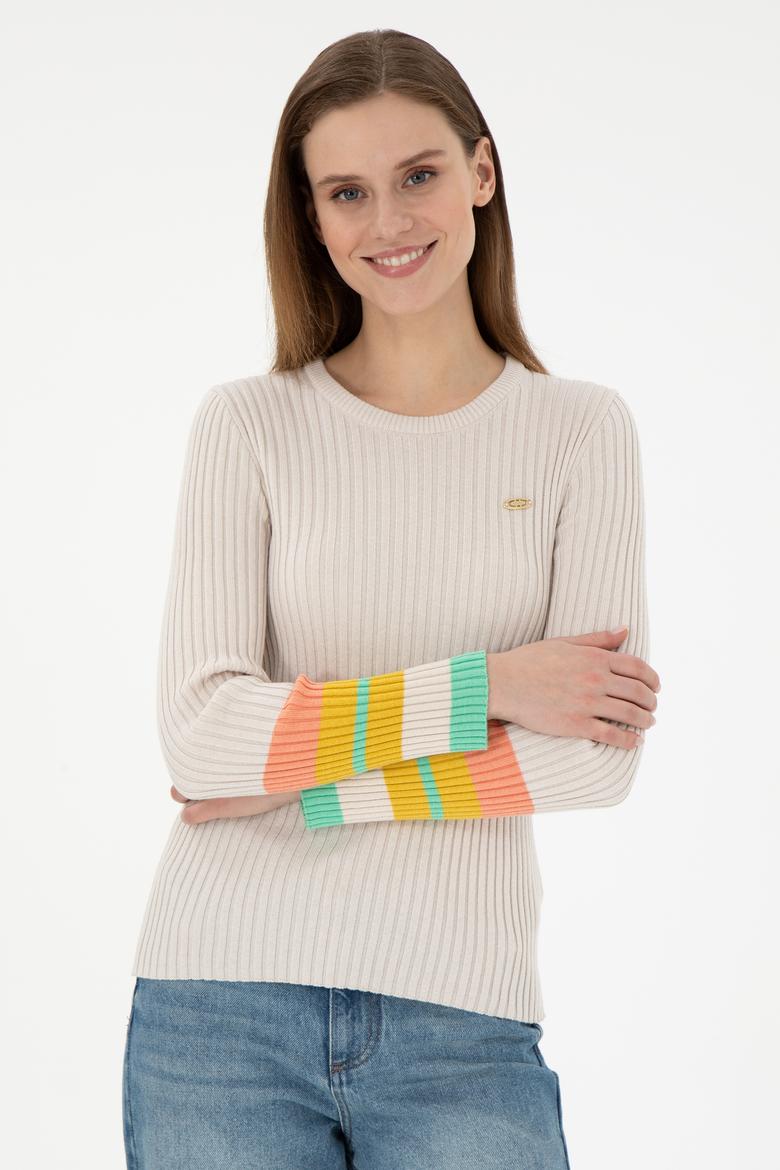 Kadın Krem Bisiklet Yaka Kazak