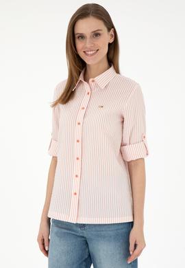 Kadın Somon Uzun Kollu Çizgili Gömlek - 50297106013