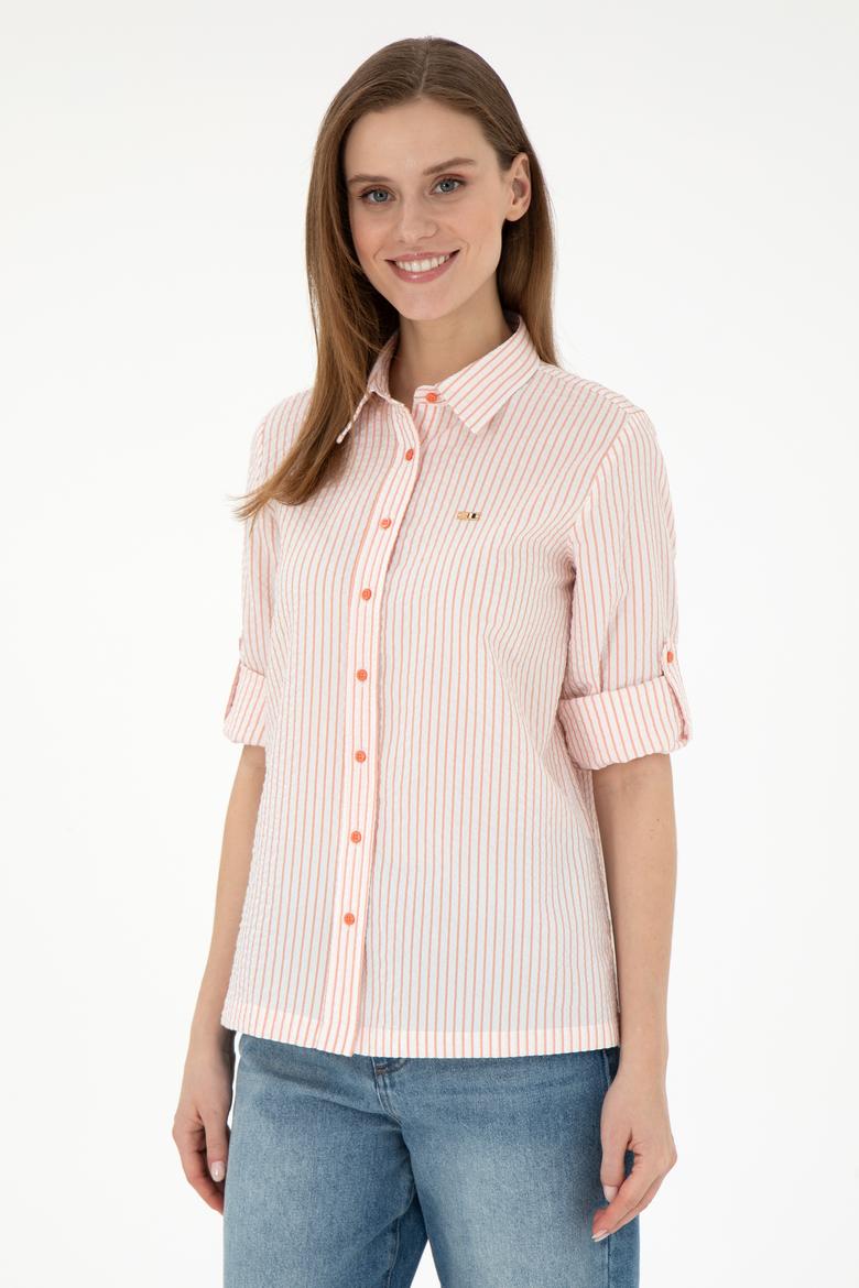 Kadın Somon Uzun Kollu Çizgili Gömlek