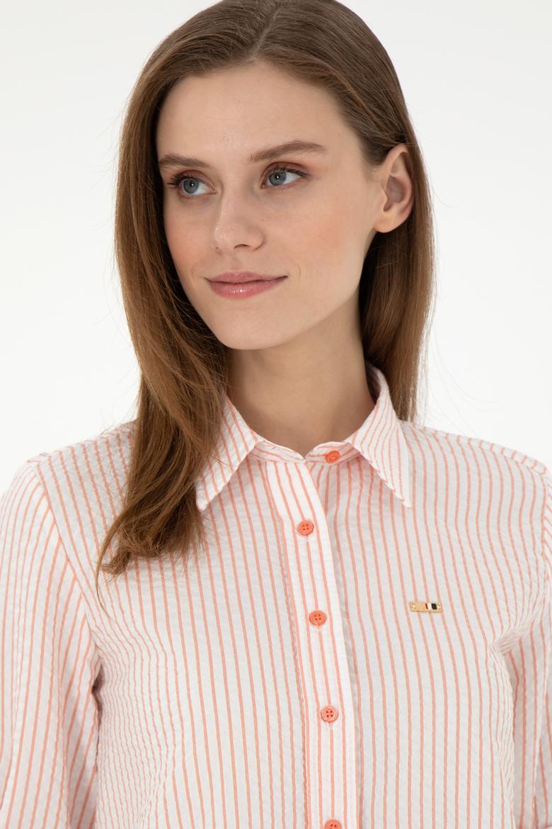 Kadın Somon Uzun Kollu Çizgili Gömlek - 50297106013