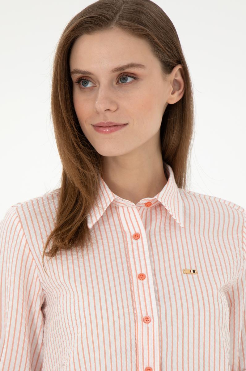 Kadın Somon Uzun Kollu Çizgili Gömlek