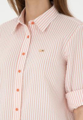 Kadın Somon Uzun Kollu Çizgili Gömlek - 50297106013