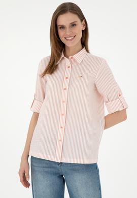 Kadın Somon Uzun Kollu Çizgili Gömlek - 50297106013