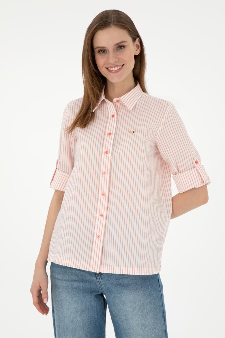 Kadın Somon Uzun Kollu Çizgili Gömlek - 50297106013