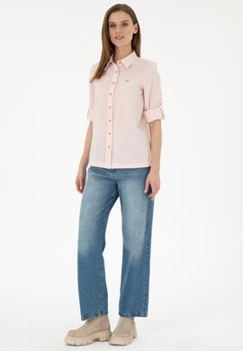 Kadın Somon Uzun Kollu Çizgili Gömlek - 50297106013