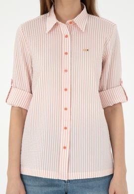 Kadın Somon Uzun Kollu Çizgili Gömlek - 50297106013