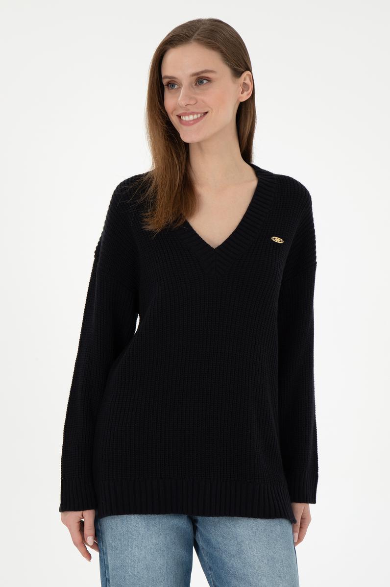 Kadın Lacivert V Yaka Kazak