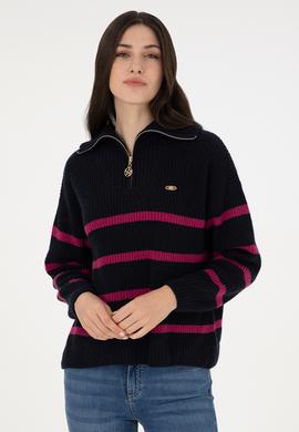 Kadın Lacivert V Yaka Fermuarlı Kazak - 50297407012