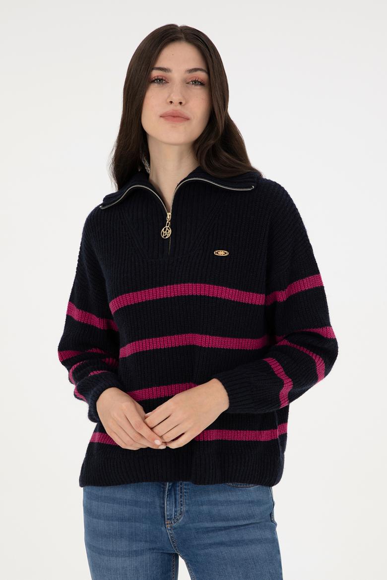 Kadın Lacivert V Yaka Fermuarlı Kazak - 50297407012