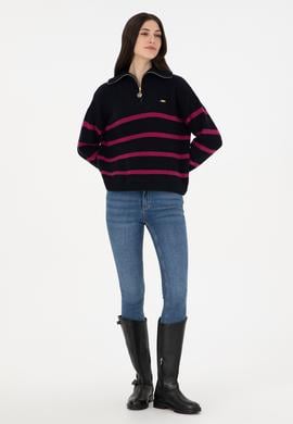 Kadın Lacivert V Yaka Fermuarlı Kazak - 50297407012