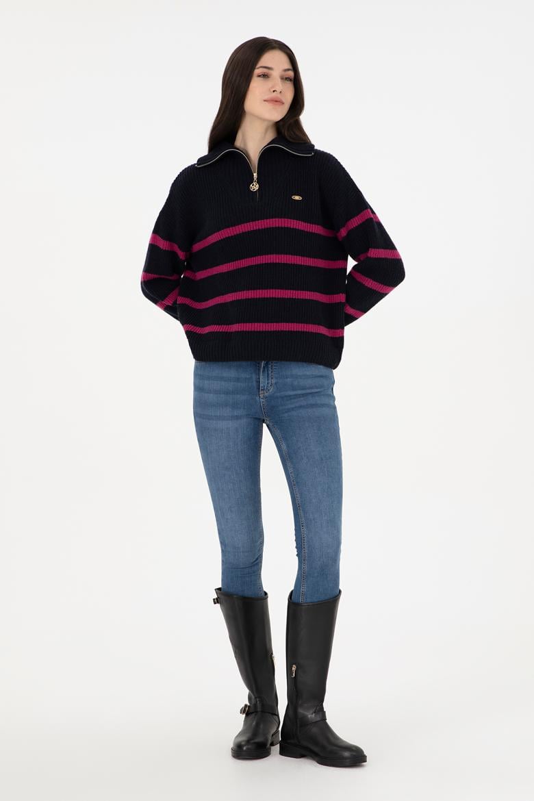 Kadın Lacivert V Yaka Fermuarlı Kazak - 50297407012