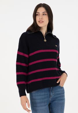 Kadın Lacivert V Yaka Fermuarlı Kazak - 50297407012