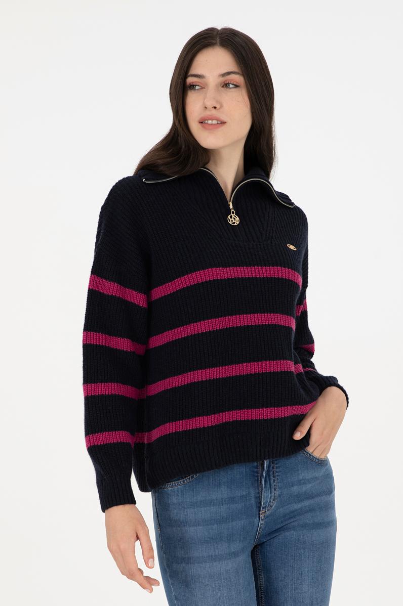 Kadın Lacivert V Yaka Fermuarlı Kazak