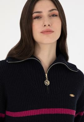 Kadın Lacivert V Yaka Fermuarlı Kazak - 50297407012