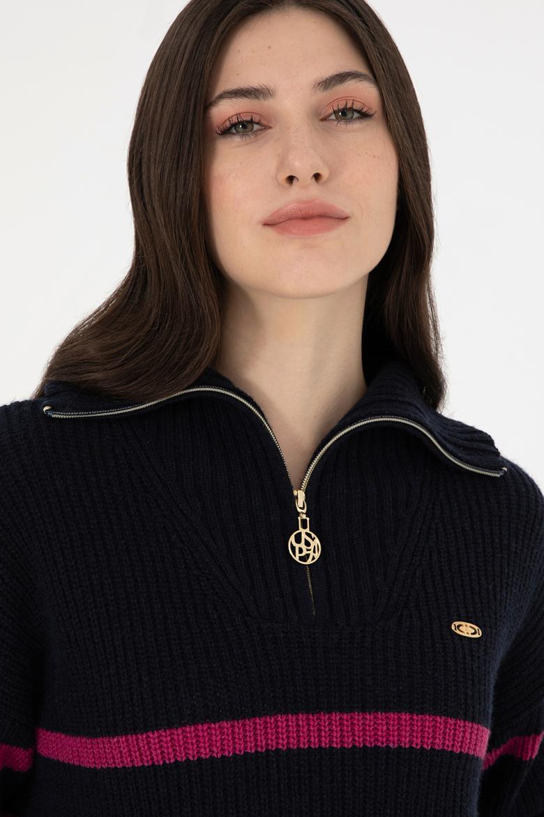 Kadın Lacivert V Yaka Fermuarlı Kazak - 50297407012