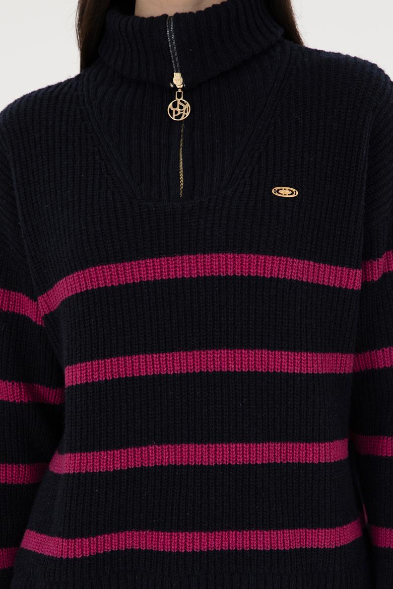 Kadın Lacivert V Yaka Fermuarlı Kazak - 50297407012