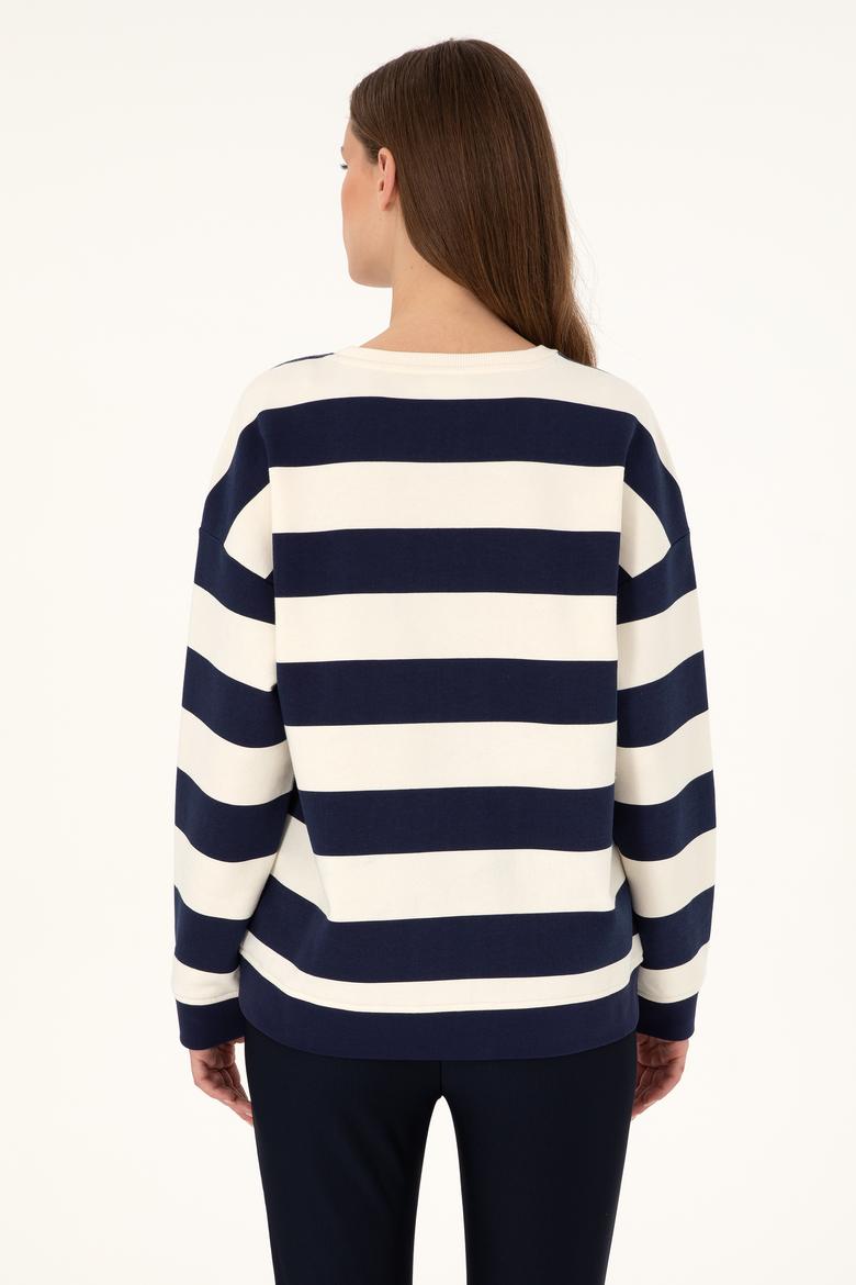 Kadın Krem Çizgili Bisiklet Yaka Sweatshırt - 50299003013
