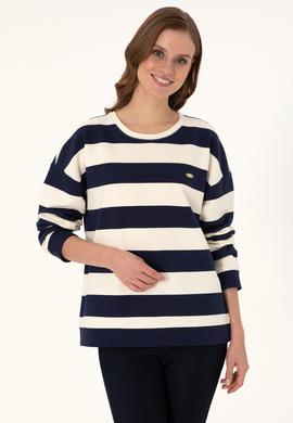 Kadın Krem Çizgili Bisiklet Yaka Sweatshırt - 50299003013