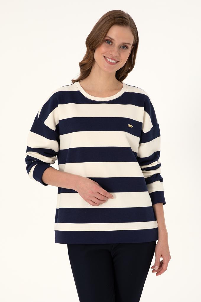 Kadın Krem Çizgili Bisiklet Yaka Sweatshırt