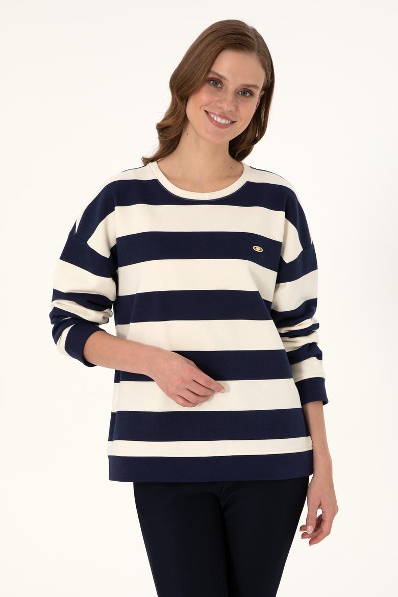 Kadın Krem Çizgili Bisiklet Yaka Sweatshırt