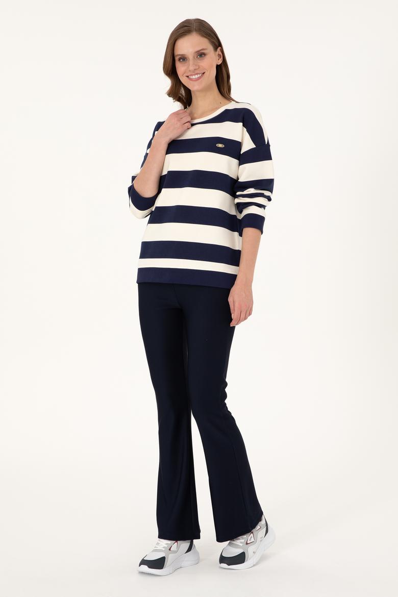 Kadın Krem Çizgili Bisiklet Yaka Sweatshırt - 50299003013