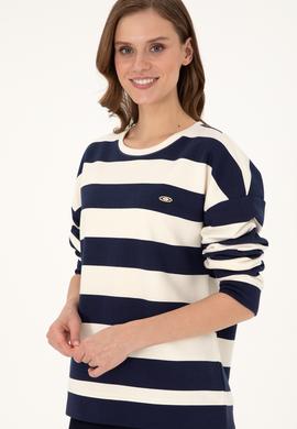 Kadın Krem Çizgili Bisiklet Yaka Sweatshırt - 50299003013