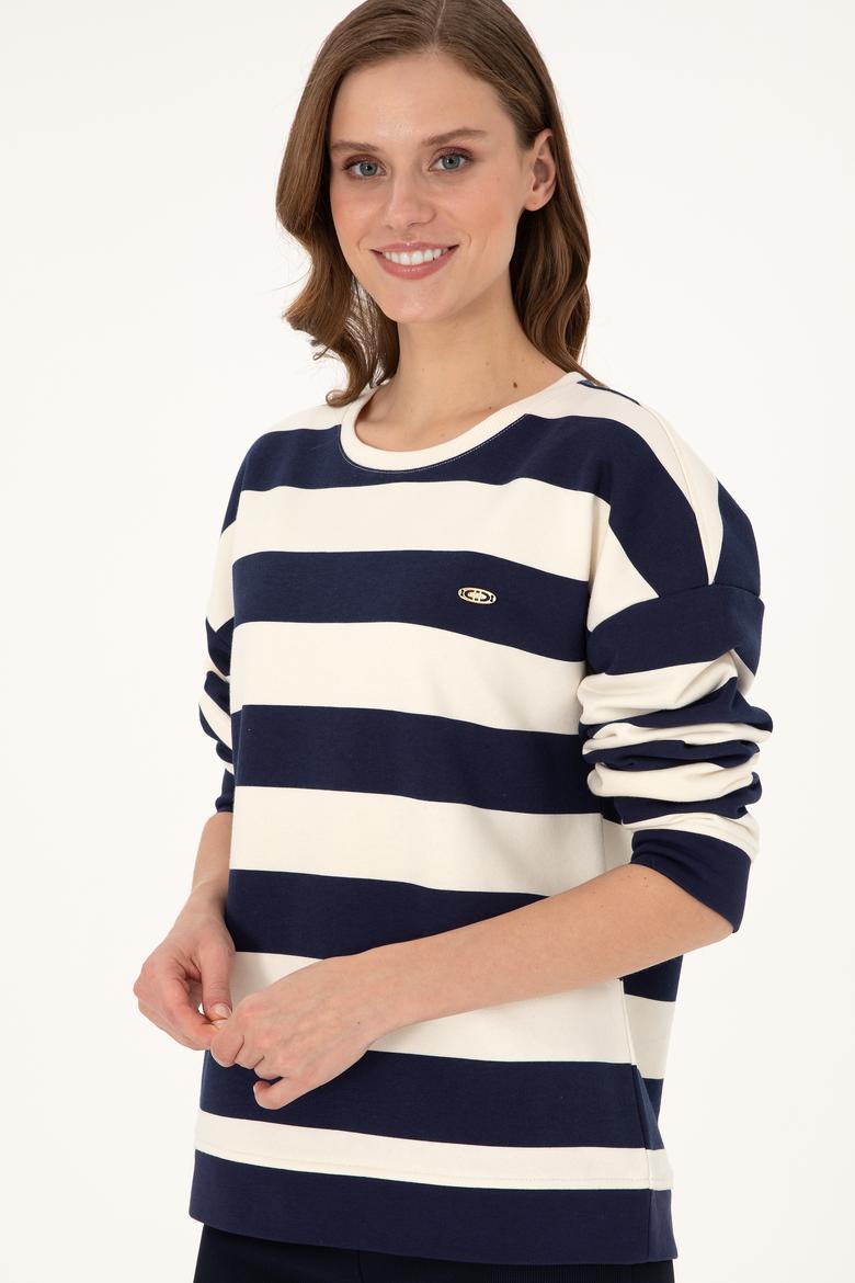 Kadın Krem Çizgili Bisiklet Yaka Sweatshırt - 50299003013