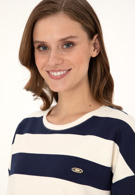 Kadın Krem Çizgili Bisiklet Yaka Sweatshırt - 50299003013