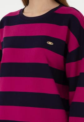 Kadın Fuşya Çizgili Bisiklet Yaka Sweatshırt - 50299003004