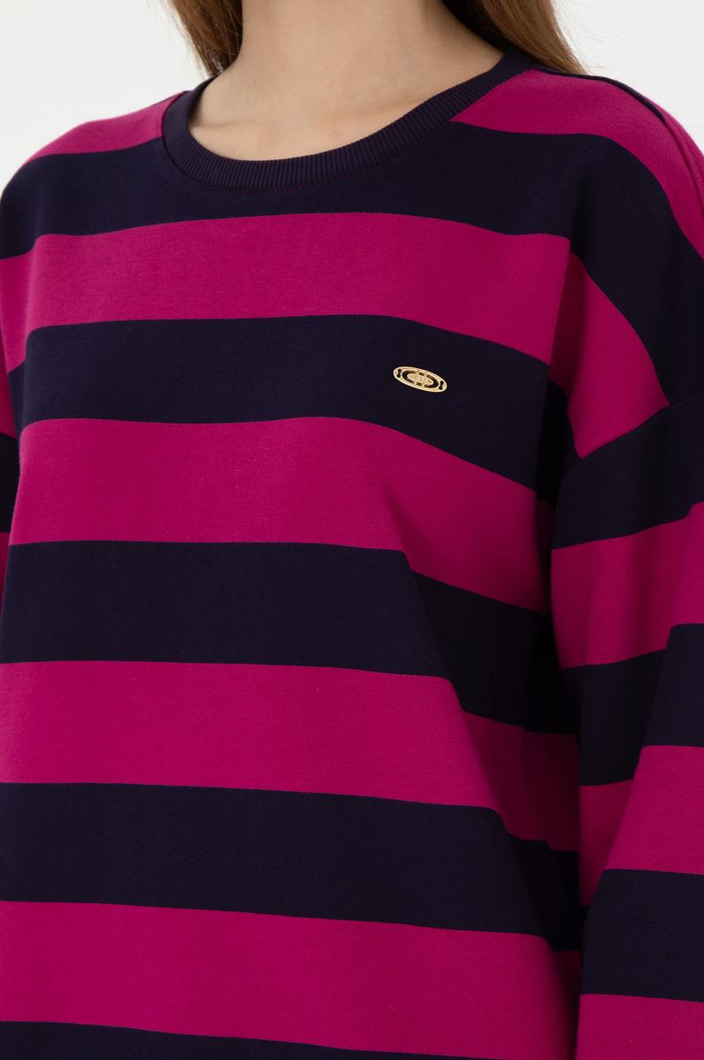 Kadın Fuşya Çizgili Bisiklet Yaka Sweatshırt