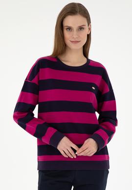 Kadın Fuşya Çizgili Bisiklet Yaka Sweatshırt - 50299003004