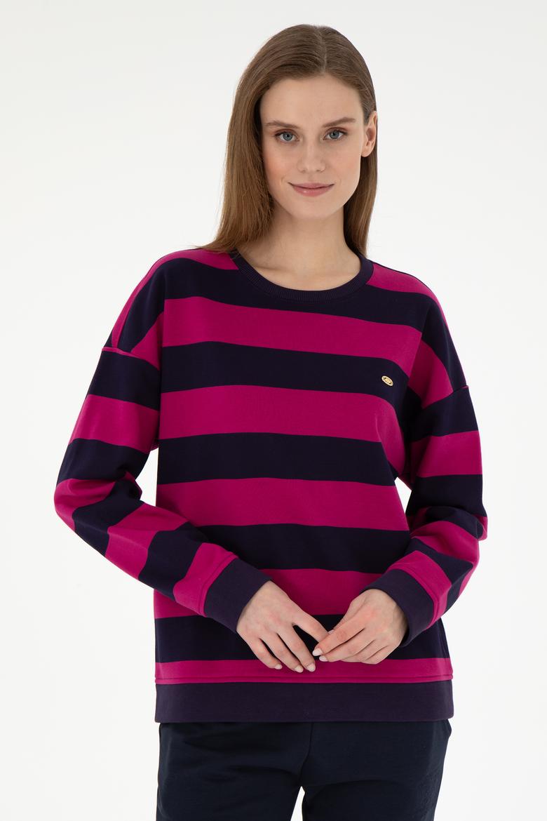 Kadın Fuşya Çizgili Bisiklet Yaka Sweatshırt