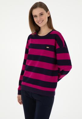 Kadın Fuşya Çizgili Bisiklet Yaka Sweatshırt - 50299003004