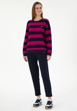 Kadın Fuşya Çizgili Bisiklet Yaka Sweatshırt - 50299003004