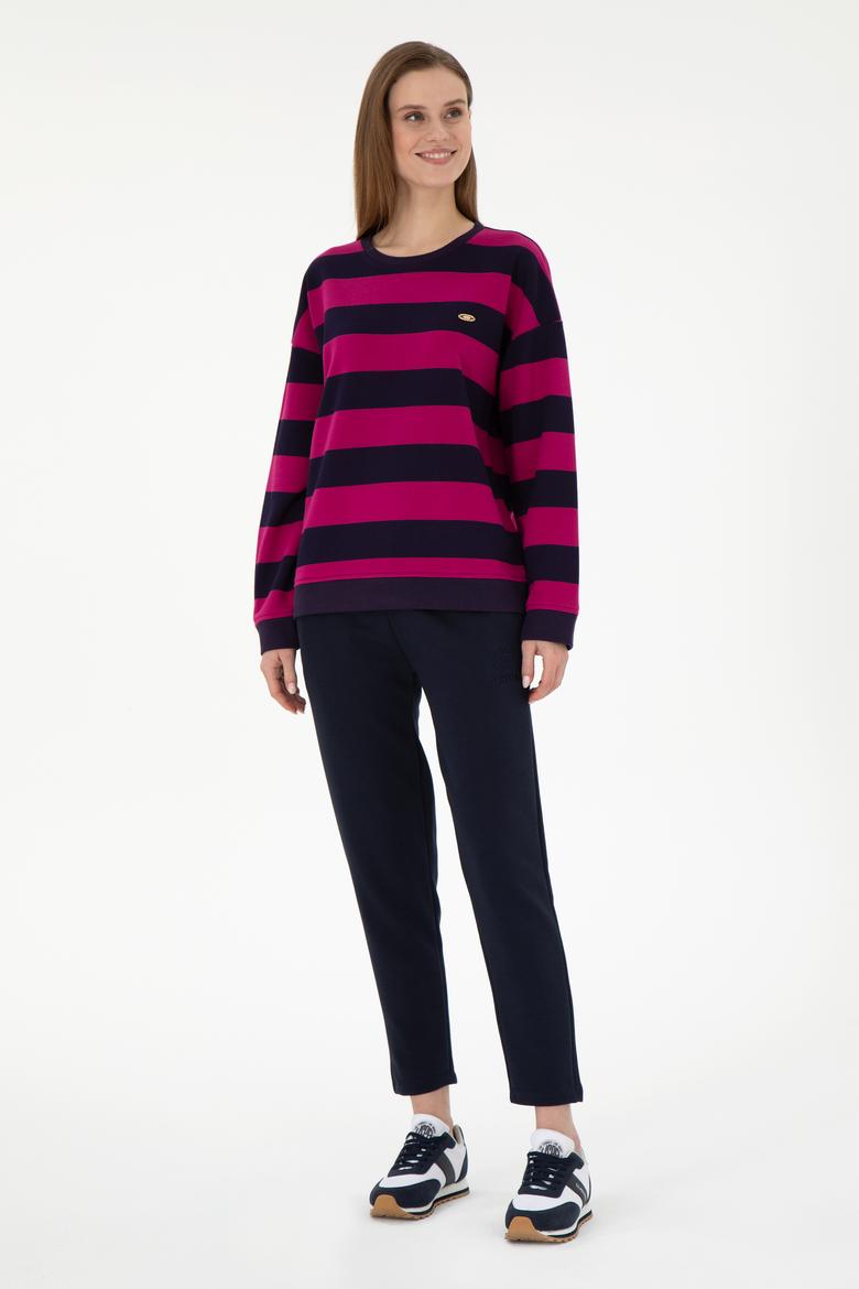 Kadın Fuşya Çizgili Bisiklet Yaka Sweatshırt - 50299003004