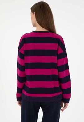 Kadın Fuşya Çizgili Bisiklet Yaka Sweatshırt - 50299003004