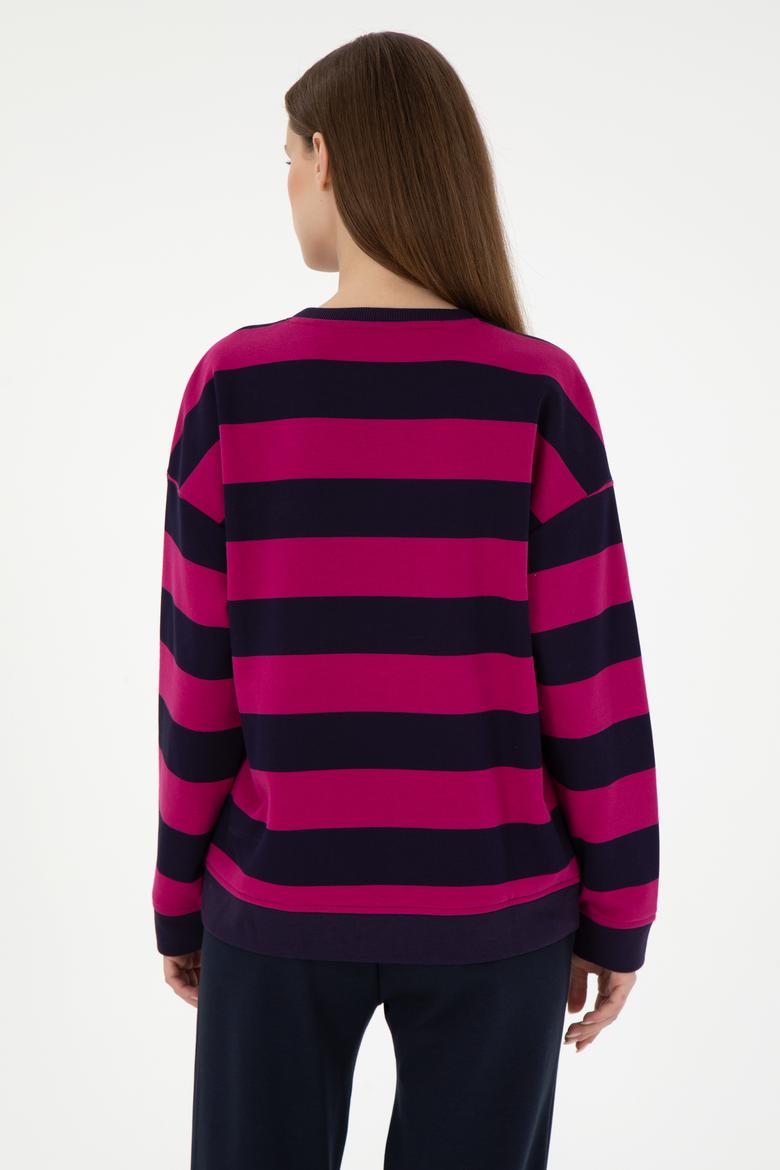 Kadın Fuşya Çizgili Bisiklet Yaka Sweatshırt - 50299003004