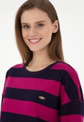 Kadın Fuşya Çizgili Bisiklet Yaka Sweatshırt - 50299003004