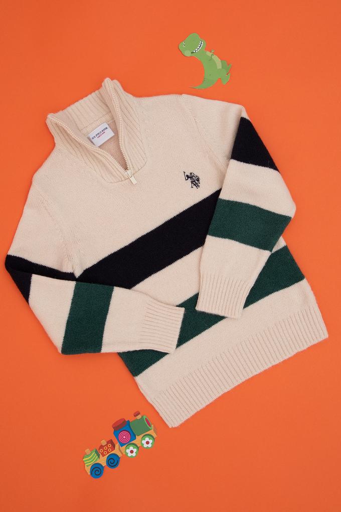Erkek Çocuk Yarım Fermuarlı Krem Triko Kazak