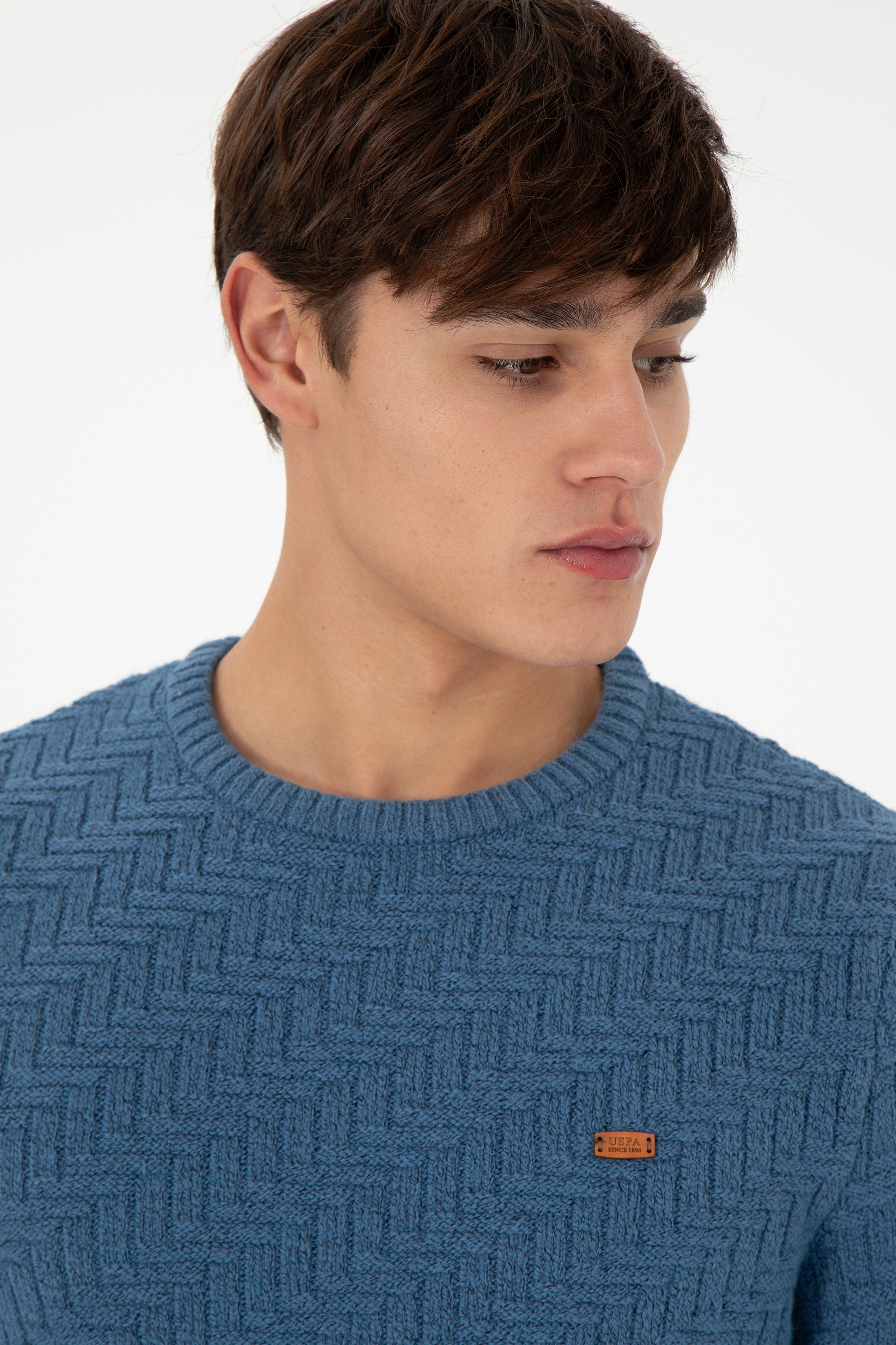 Erkek Slim Fit Bisiklet Yaka Saks Kazak - Image 2