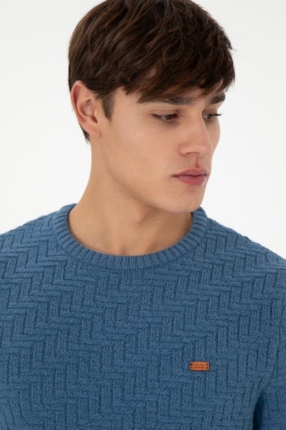 Erkek Slim Fit Bisiklet Yaka Saks Kazak