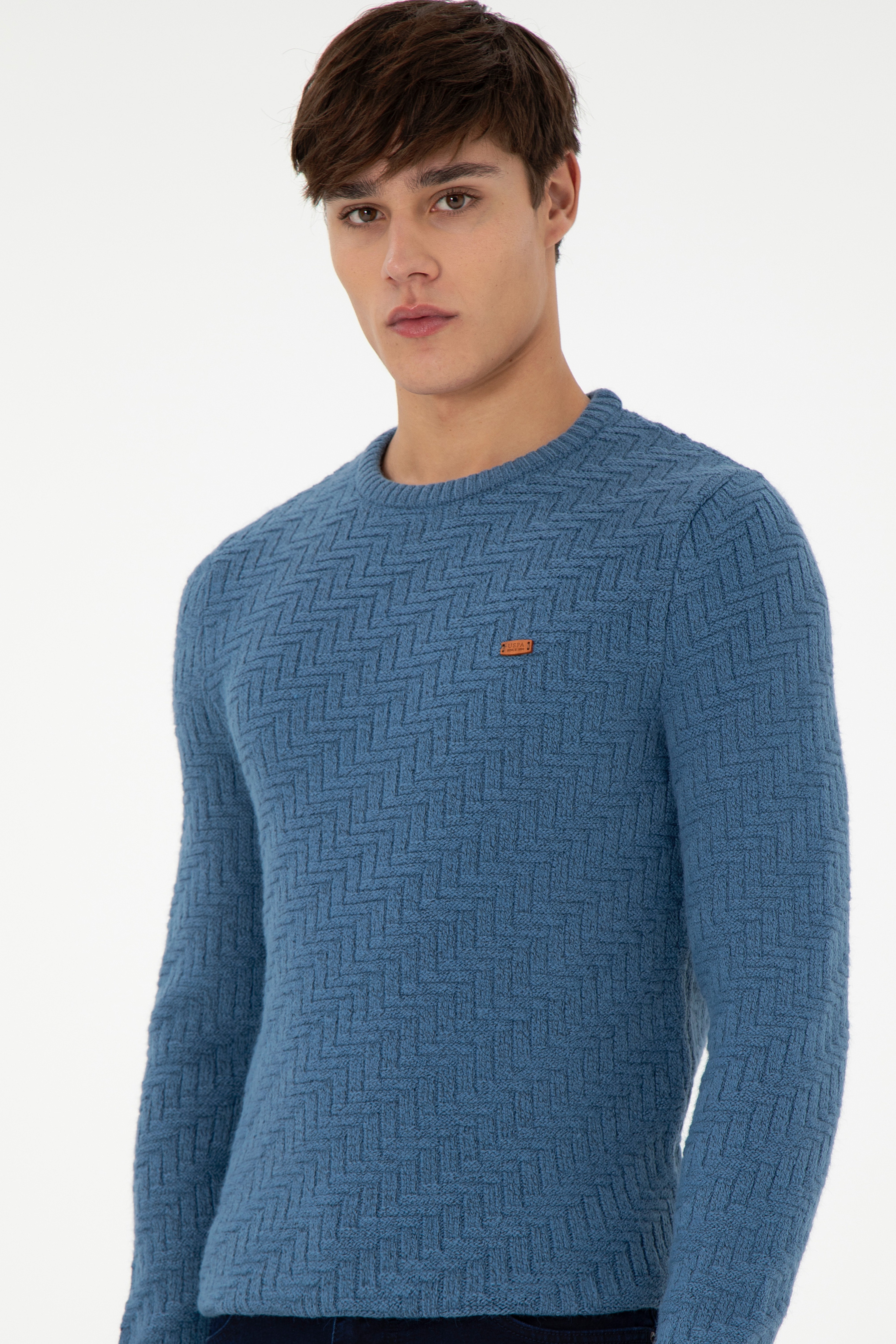 Erkek Slim Fit Bisiklet Yaka Saks Kazak - Image 3