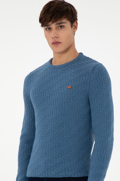 Erkek Slim Fit Bisiklet Yaka Saks Kazak
