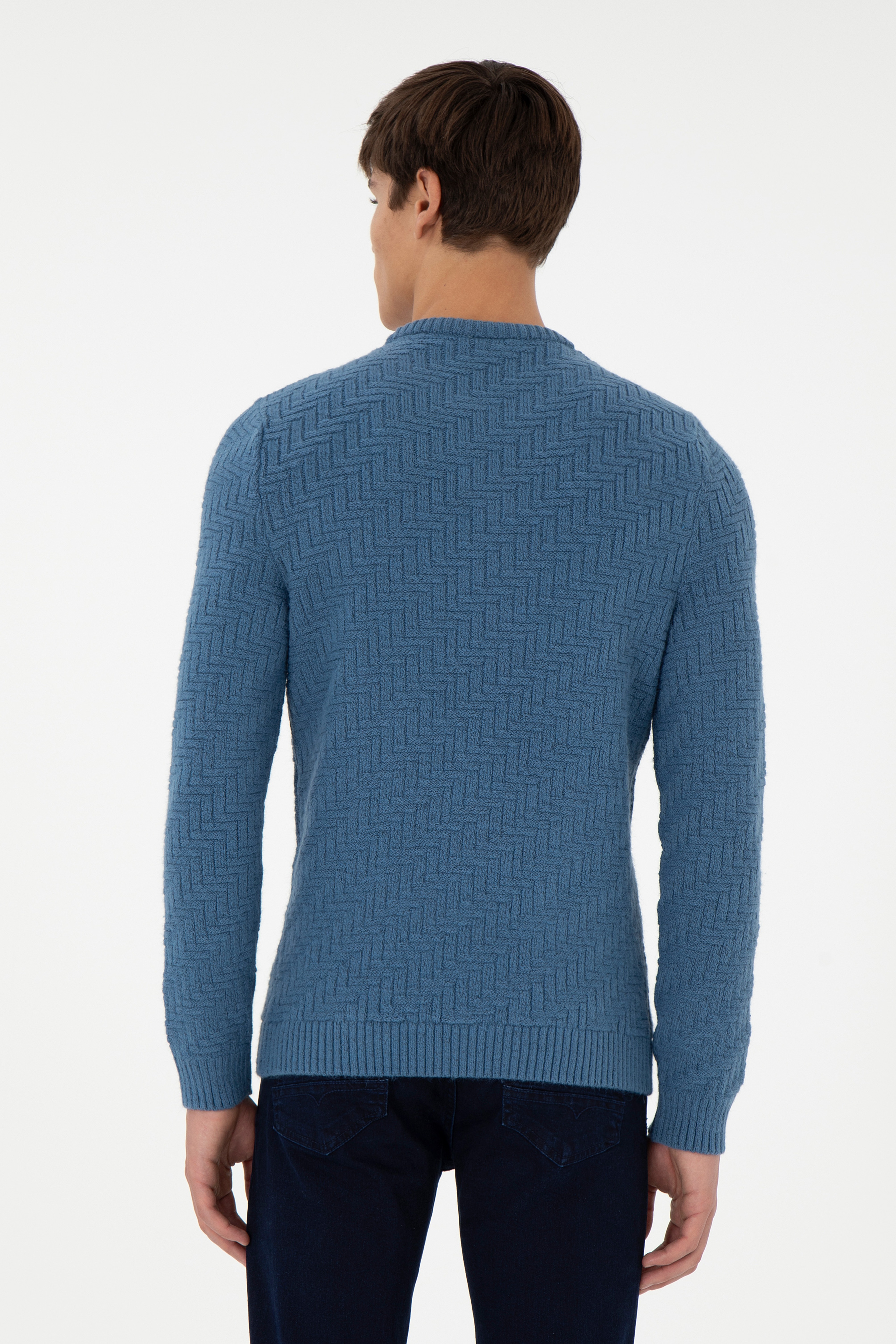 Erkek Slim Fit Bisiklet Yaka Saks Kazak - Image 5