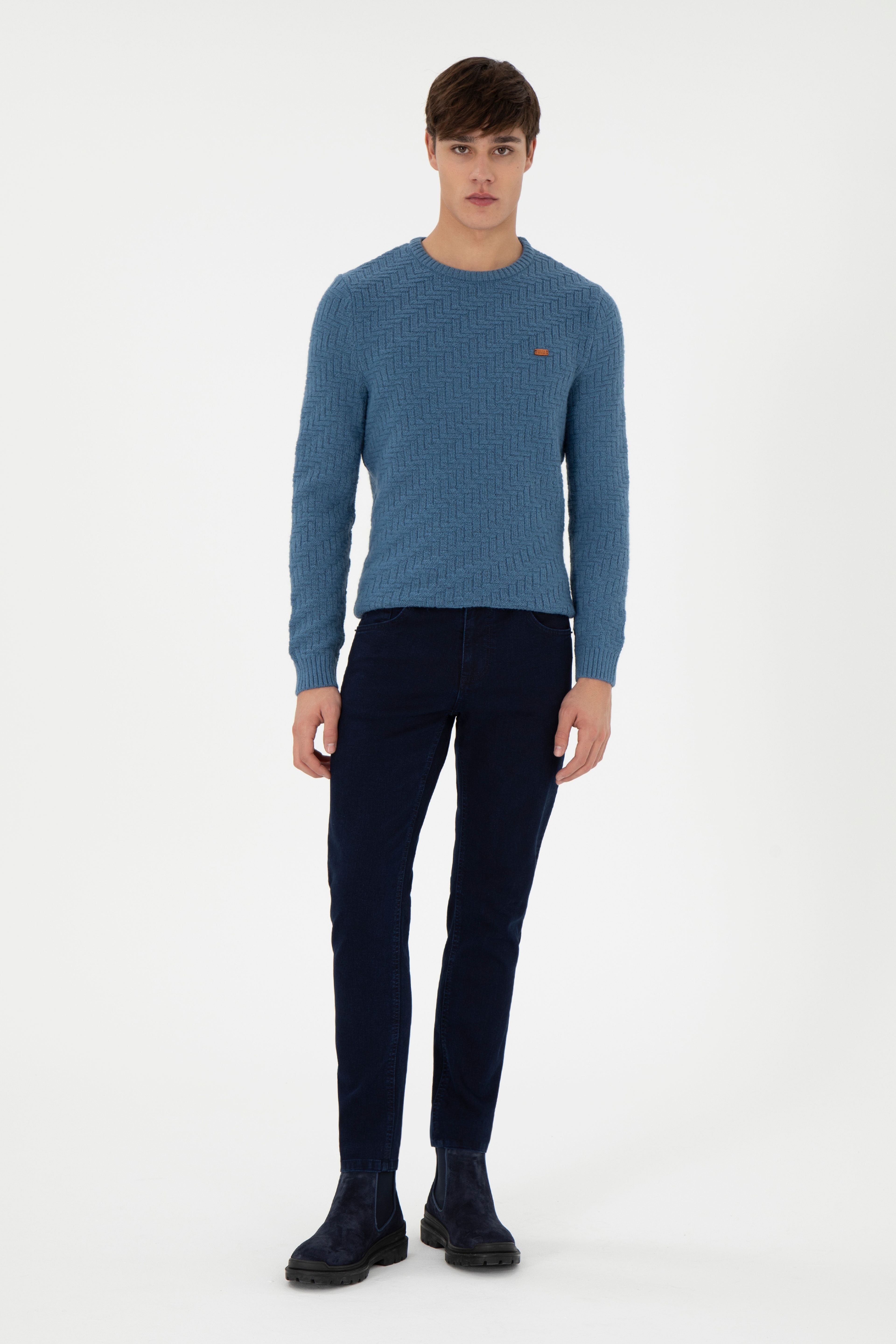 Erkek Slim Fit Bisiklet Yaka Saks Kazak - Image 4