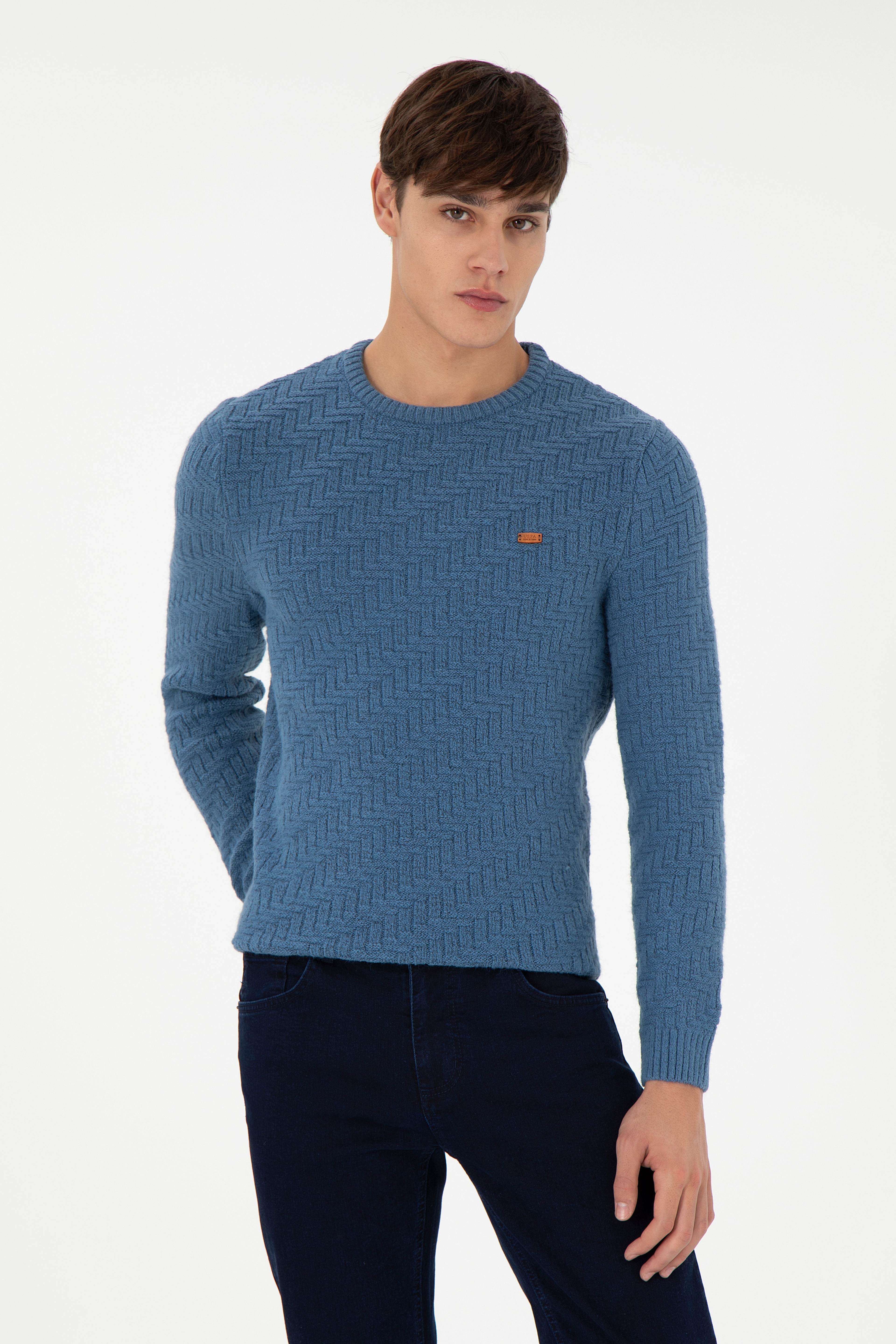 Erkek Slim Fit Bisiklet Yaka Saks Kazak - Image 1