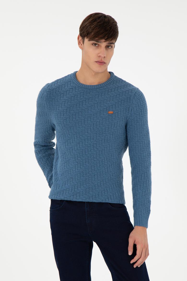 Erkek Slim Fit Bisiklet Yaka Saks Kazak