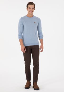 Erkek Slim Fit Bisiklet Yaka Açık Mavi Melanj Kazak - 50297040067