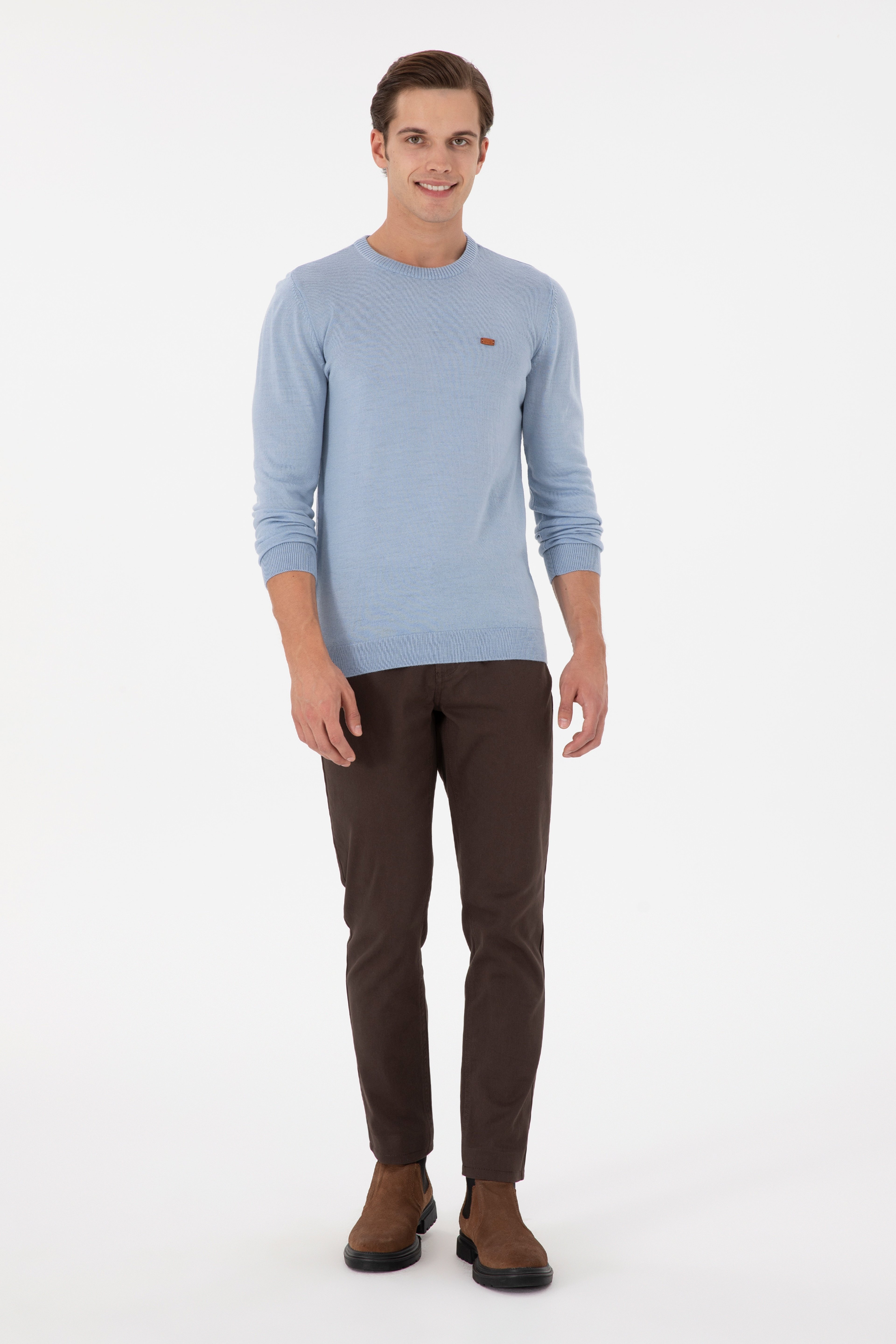 Erkek Slim Fit Bisiklet Yaka Açık Mavi Melanj Kazak - Image 4